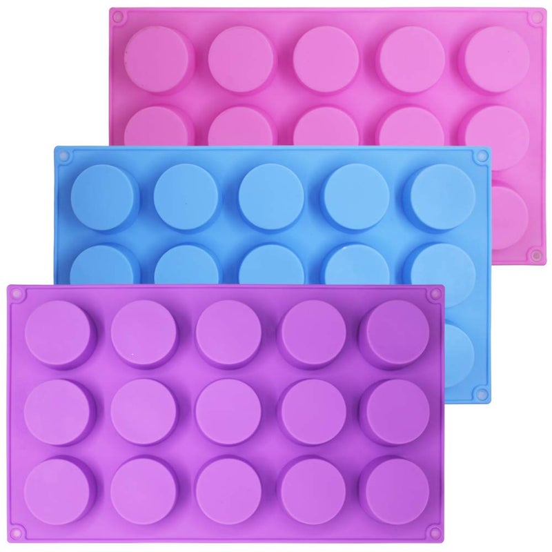 SENHAI 3 Pcs 15 Holes Cylinder Silicone Molds for Making Chocolate Candy Soap Muffin Brownie Cake Pudding Baking - Purple Blue Pink - Image 1